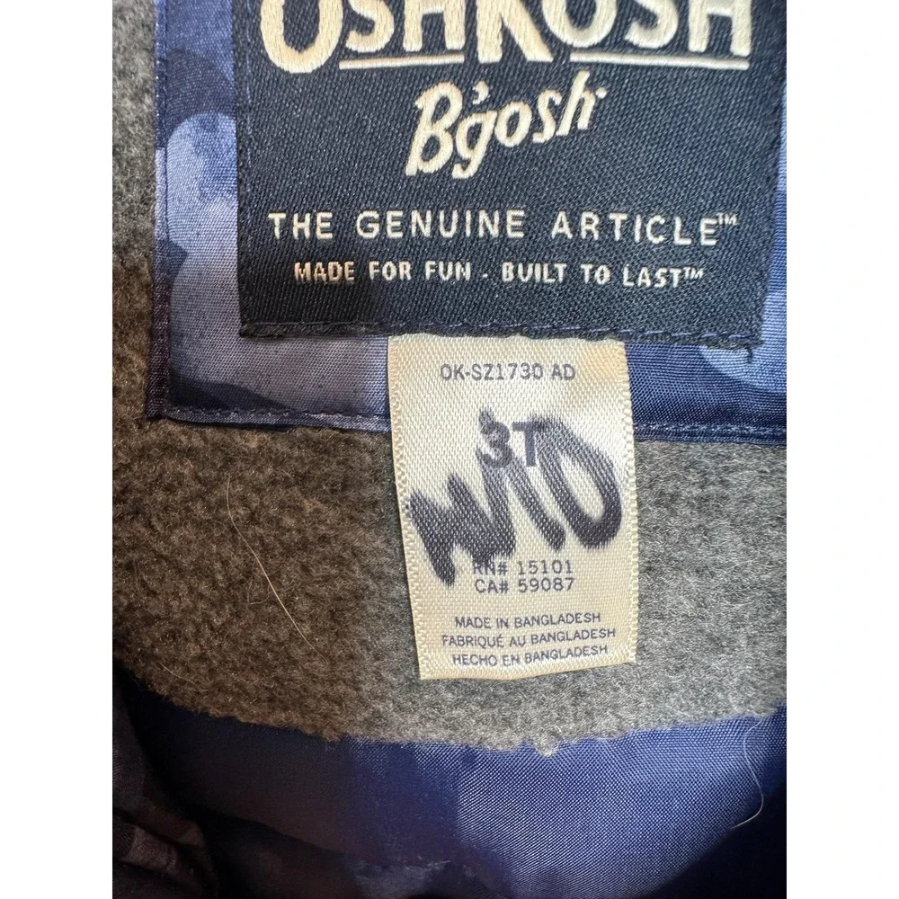 OshKosh B'gosh Kids Puffer Jacket 3T Blue Camo Hooded Winter‎ Coat Warm Lined